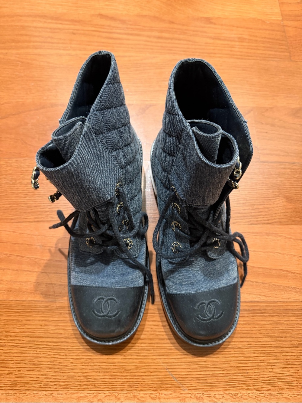 Chanel Women's Quilted Denim Lace-Up Ankle Boots Size 38